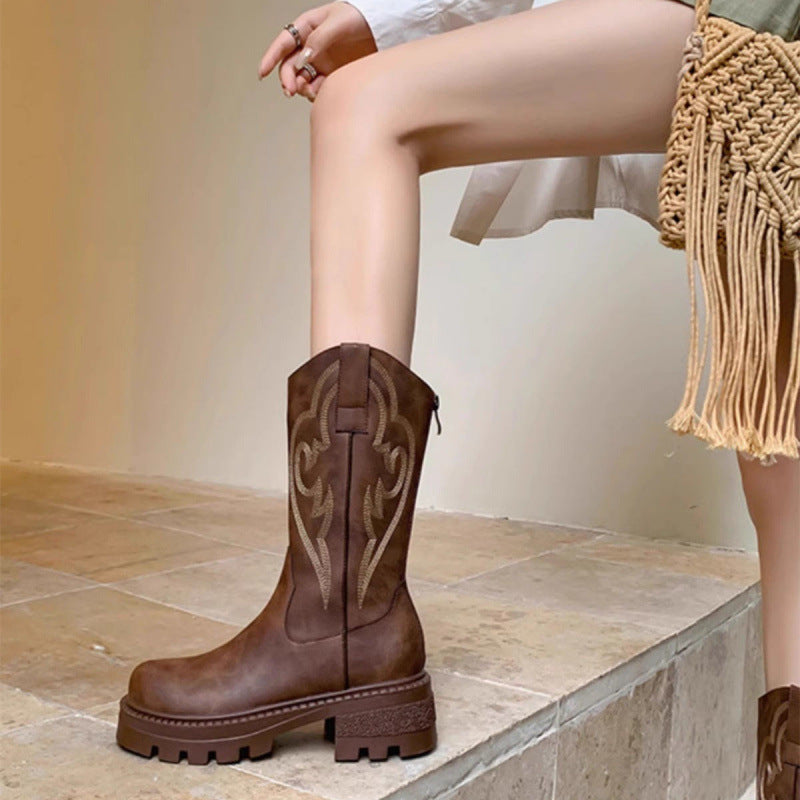 Retro soft leather thick-soled versatile mid-calf boots star_border