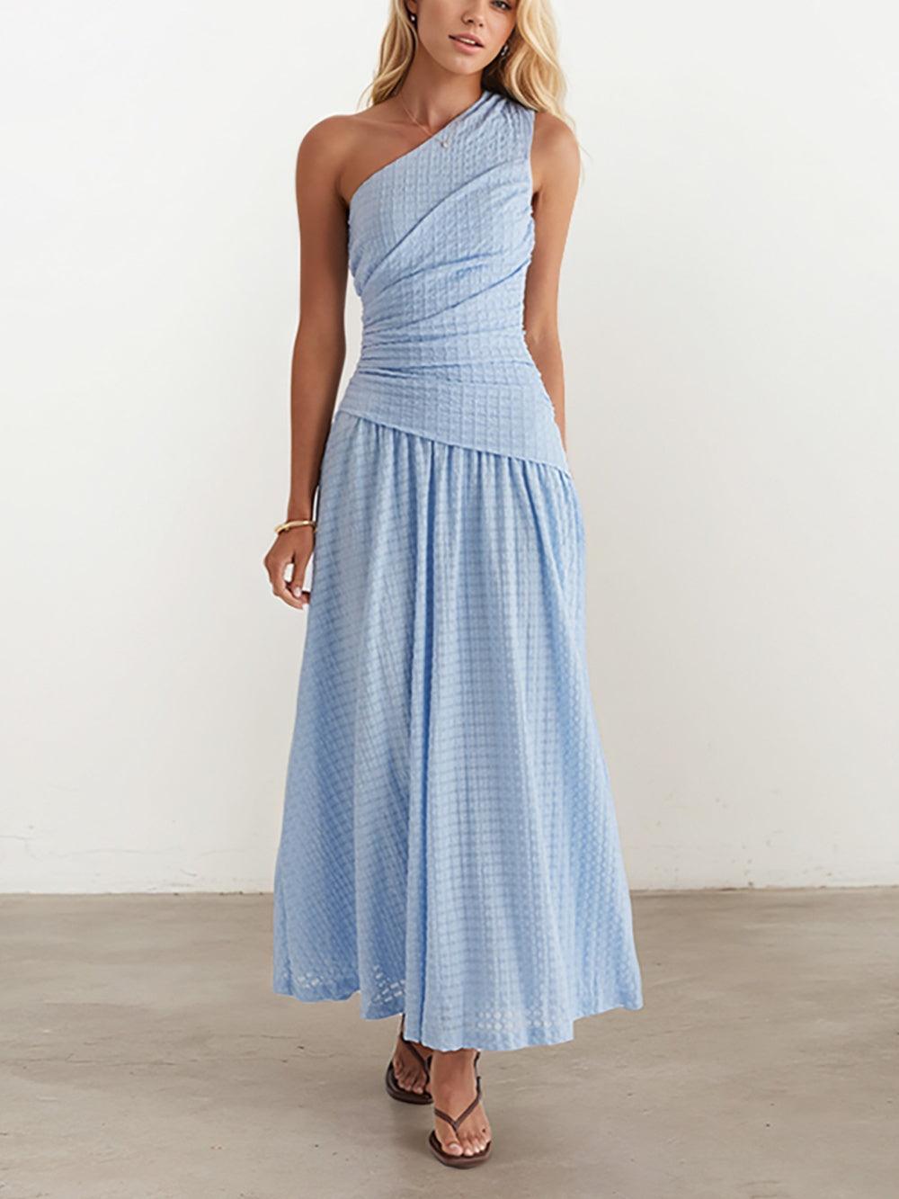 Textured sleeveless one shoulder dress