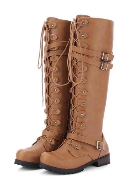 Round toe belt buckle rivet lace-up high-top riding boots
