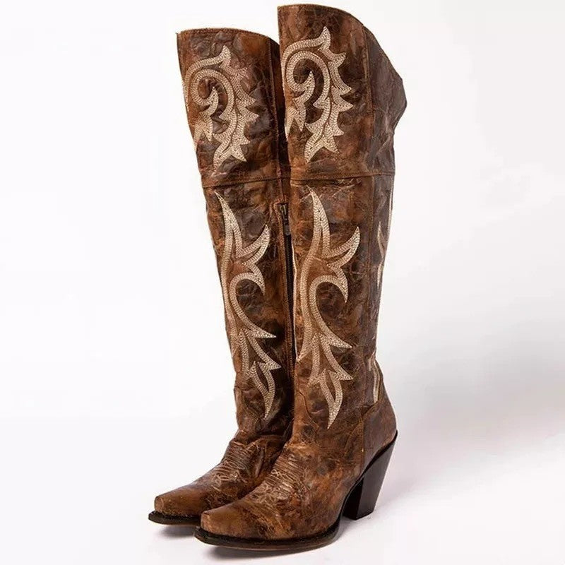 Retro pattern high-heeled thick-heeled high boots