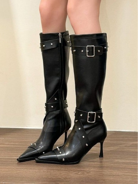 Women's pointed-toe studded high-heeled fashion boots