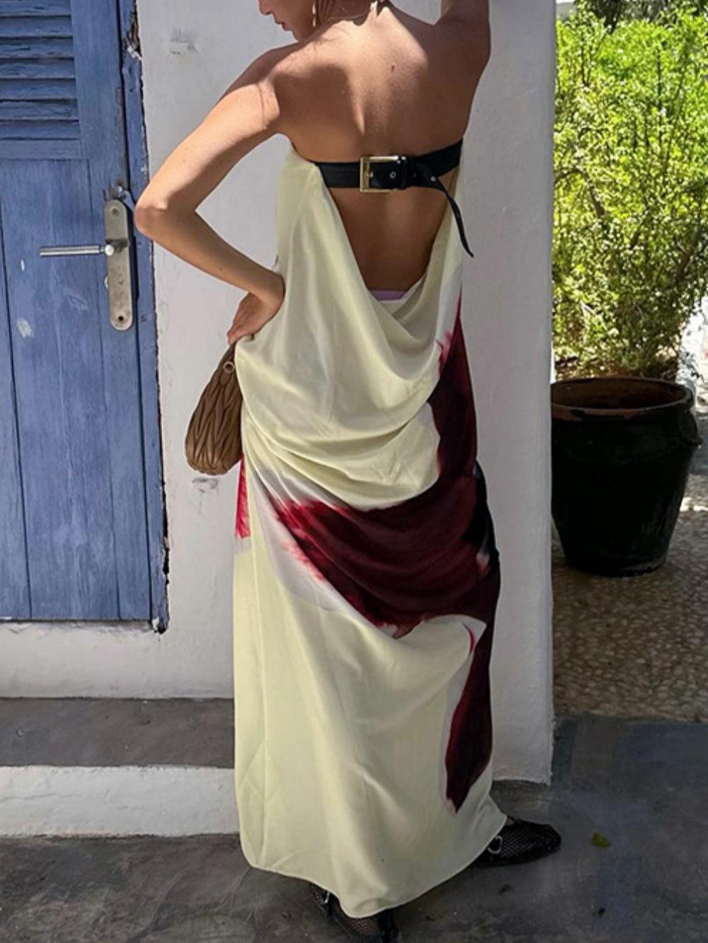 Printed tube top open back high waist dress