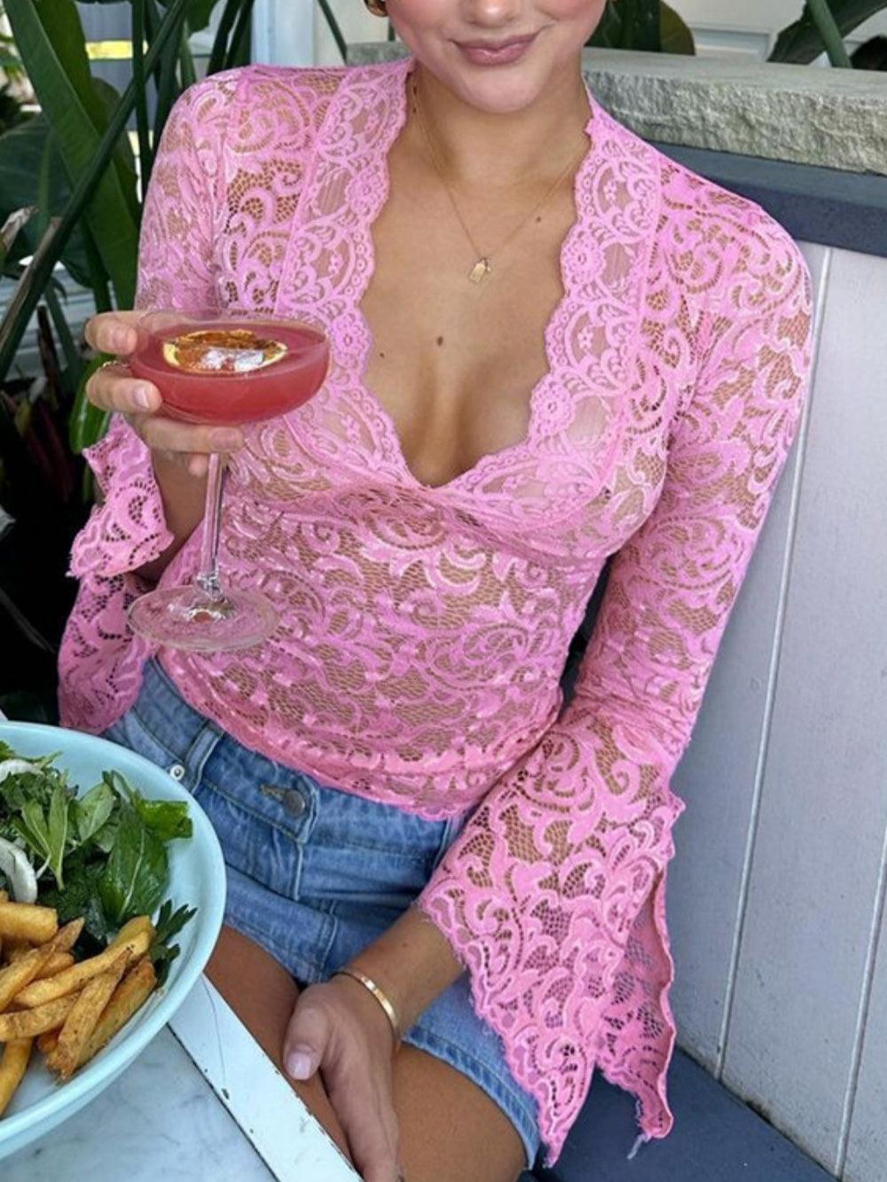 Slim Fit Cropped Long Sleeve Lace Top