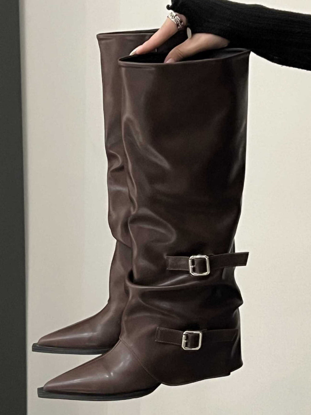 High-top belt buckle pointed toe thick-heeled boots