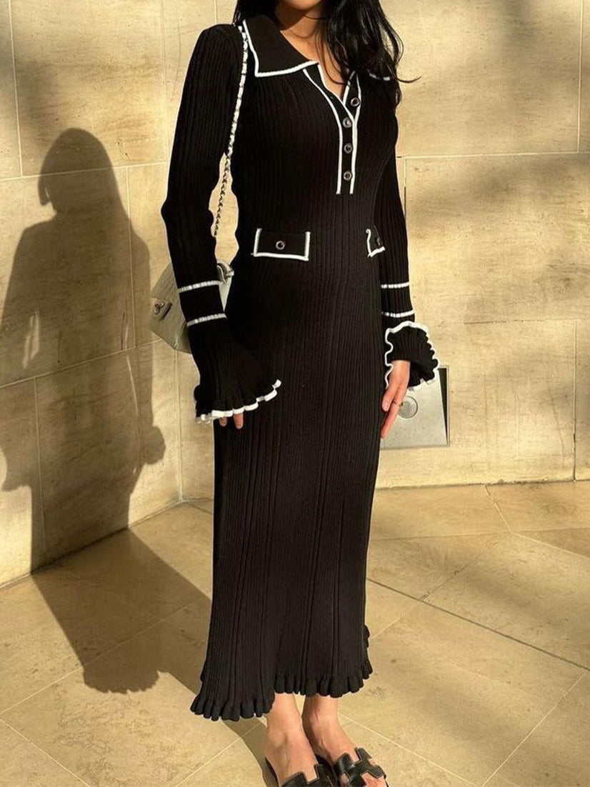 Contrast color Chanel style knitted elegant maxi dress