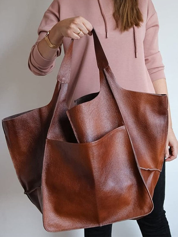 Simple large soft leather large capacity shoulder handbag