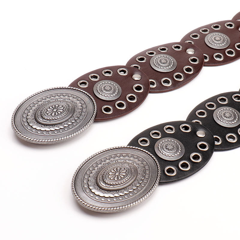 Oval stitching waist belt with large round pattern alloy buckle