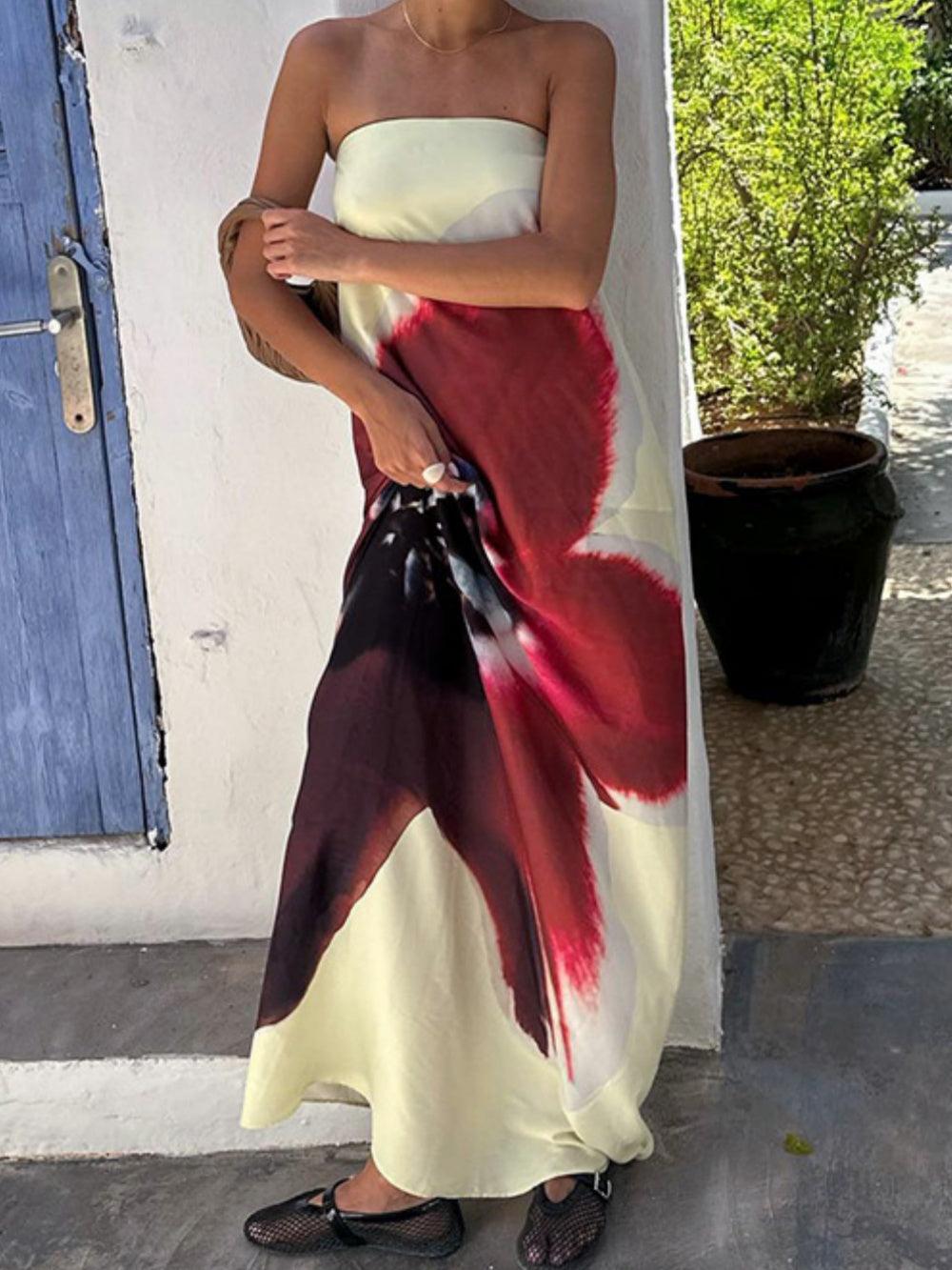 Printed tube top open back high waist dress