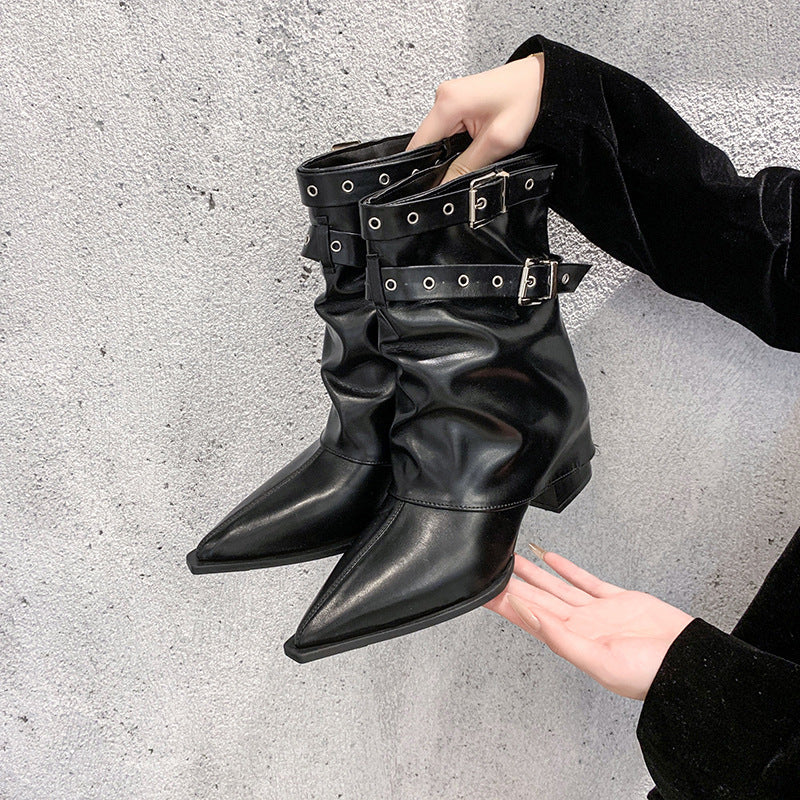 Pointed toe chunky heel retro Martin boots
