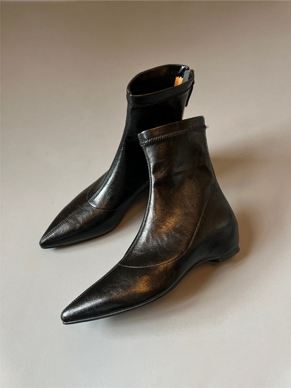 Pointed-toe soft leather stretch boots with back zipper wedge boots
