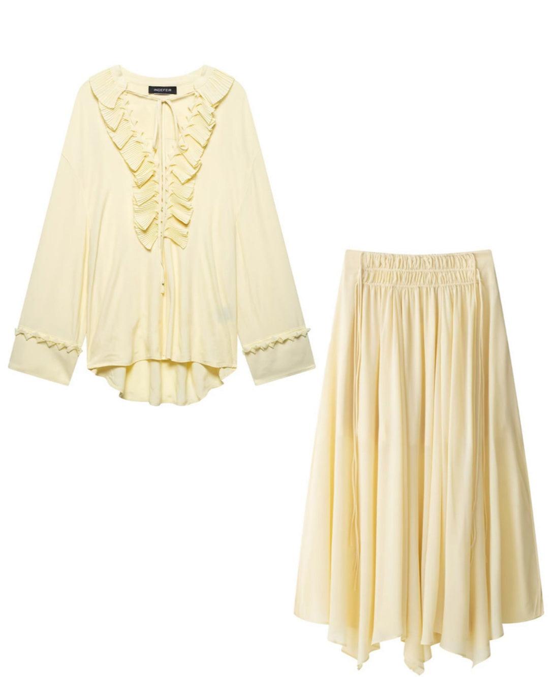 Two-Way Ruffled Long Sleeve Shirt and Skirt Set