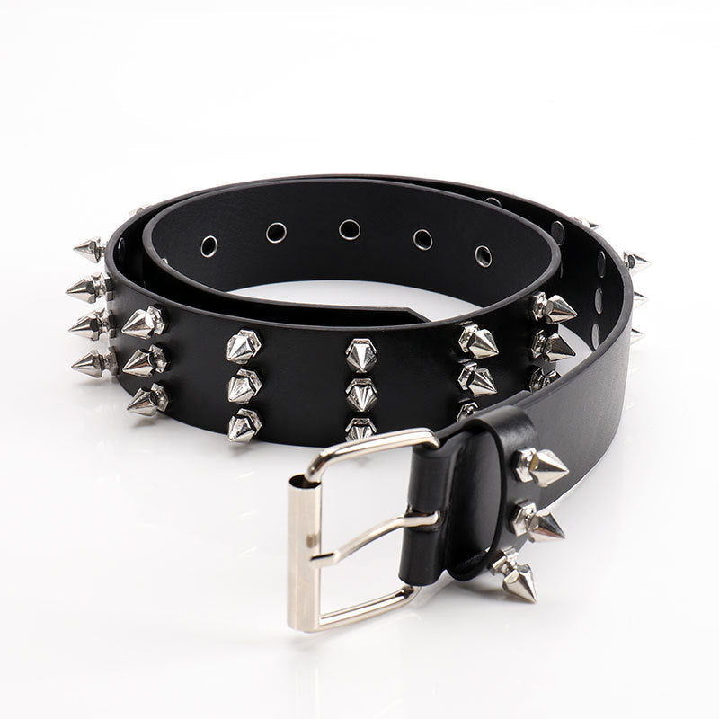Three-row pointed bead rivet women's belt