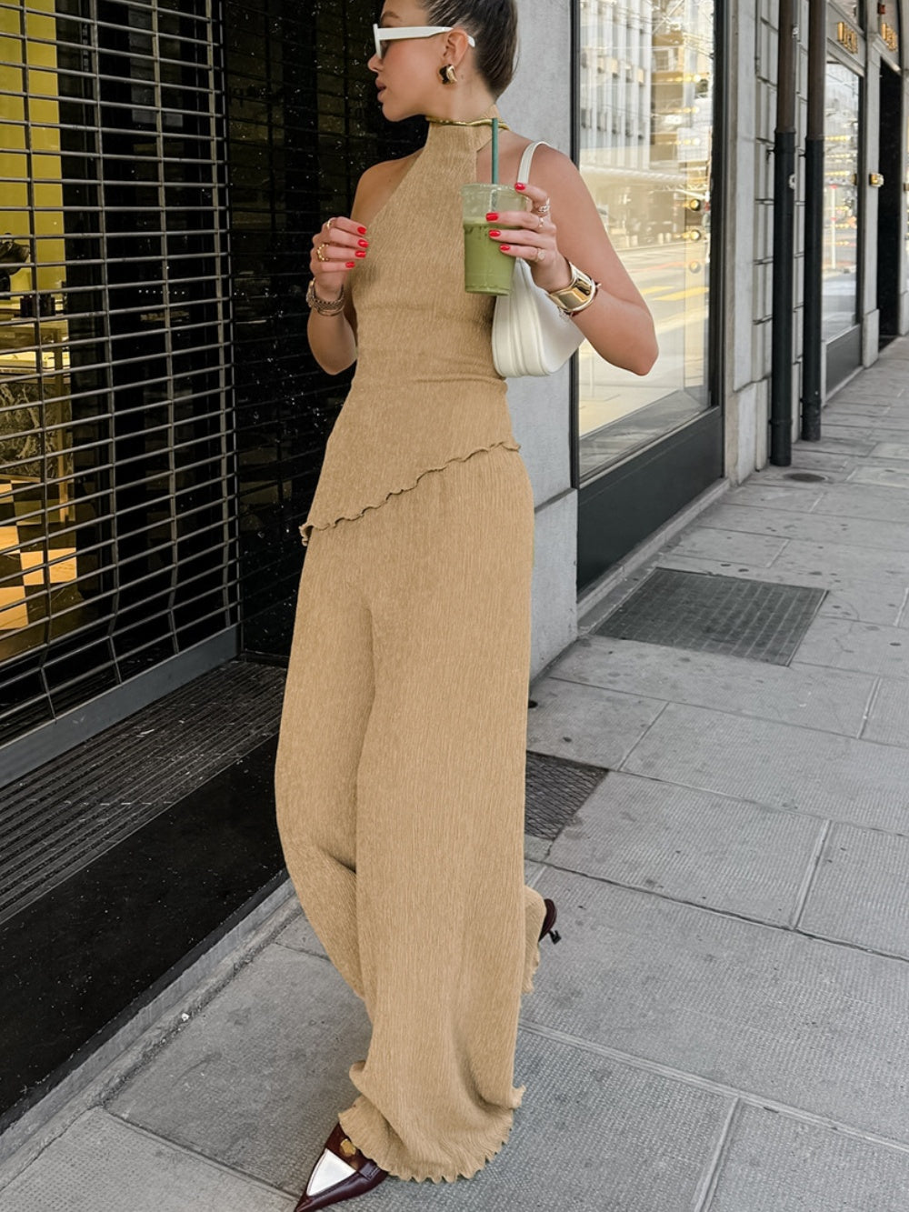 Halter neck pleated textured set