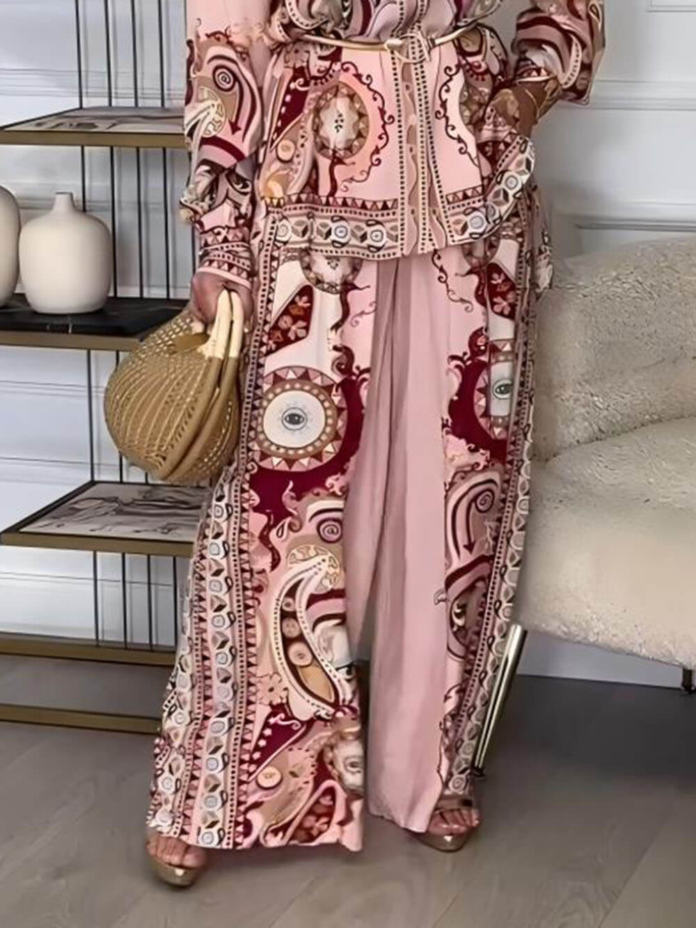 Graffiti print lapel shirt and trousers set