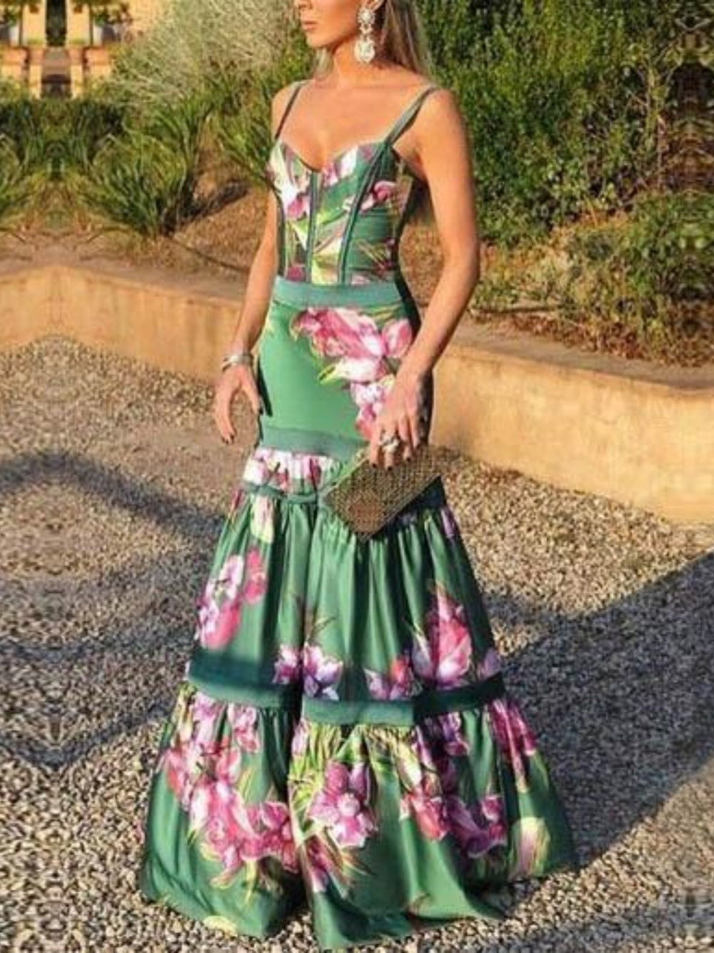 Satin suspender printed panel maxi dress