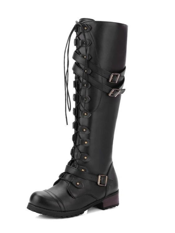 Round toe belt buckle rivet lace-up high-top riding boots