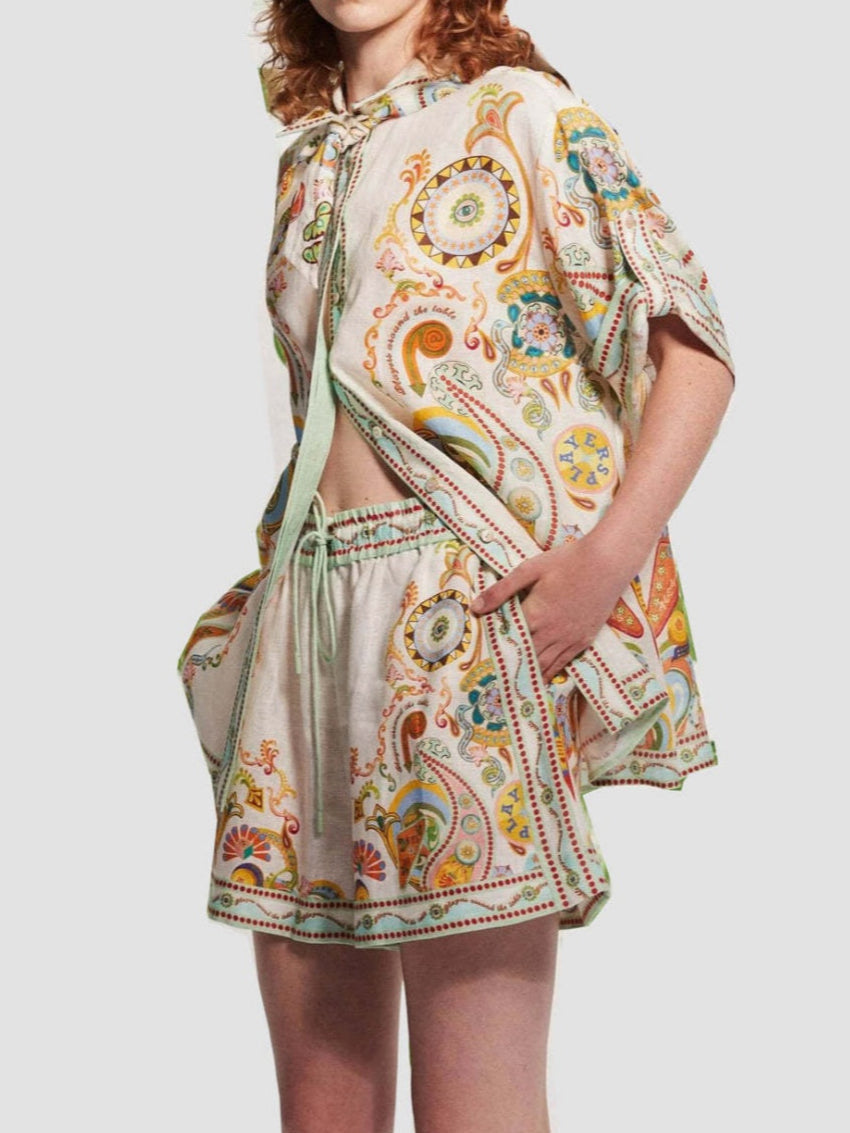 Linen Graffiti Linen Macaron Lapel Shorts Set
