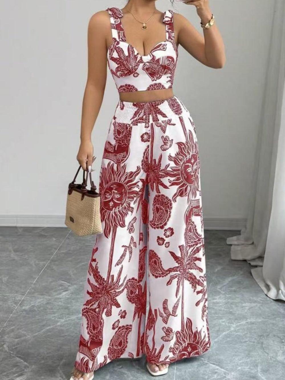 Printed V-neck top + loose wide-leg pants set