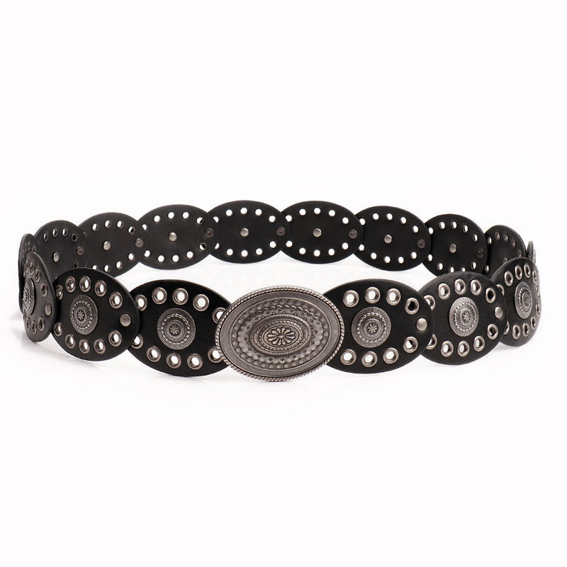 Oval stitching waist belt with large round pattern alloy buckle