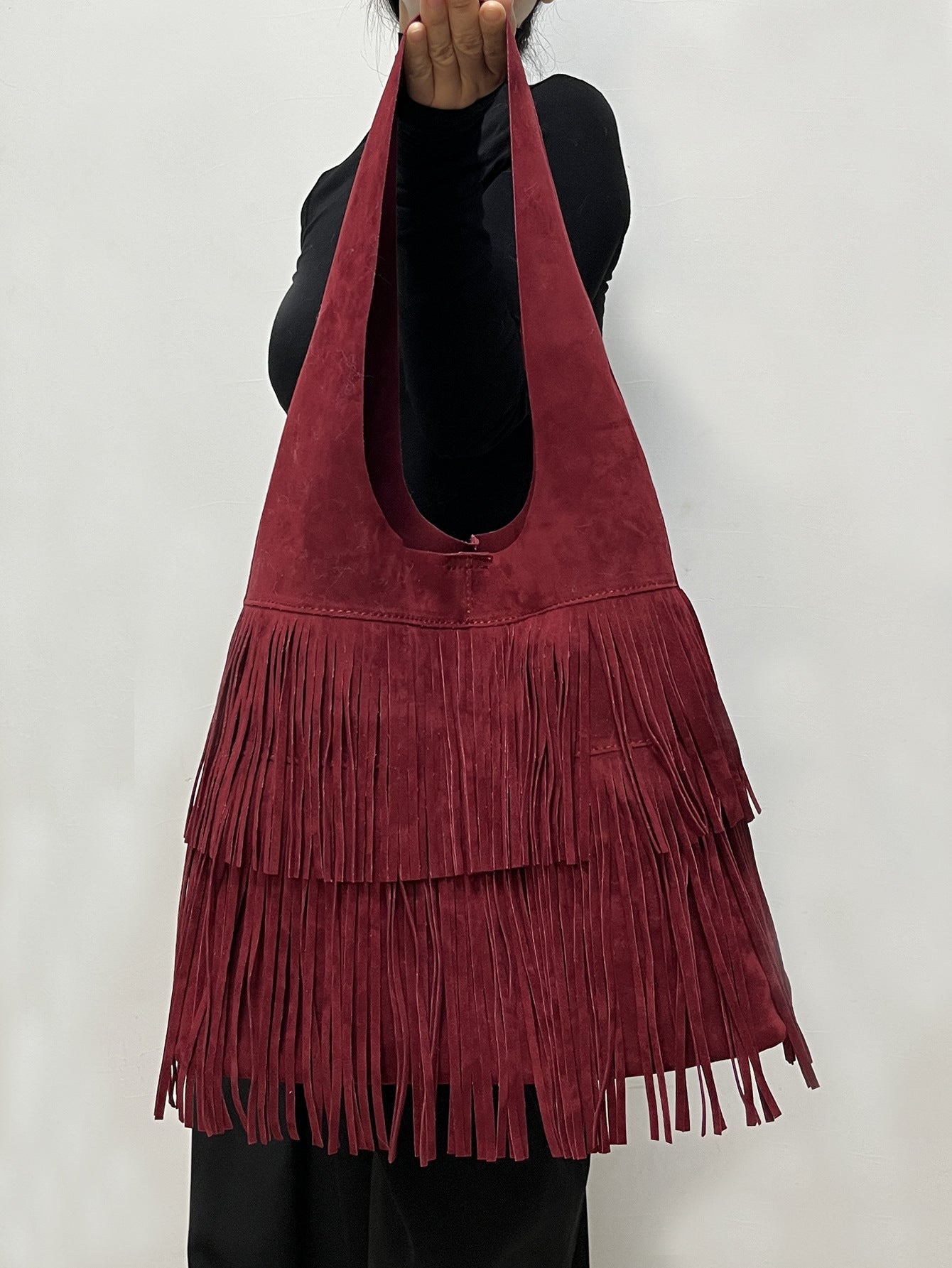 Retro versatile coffee suede tassel large bag
