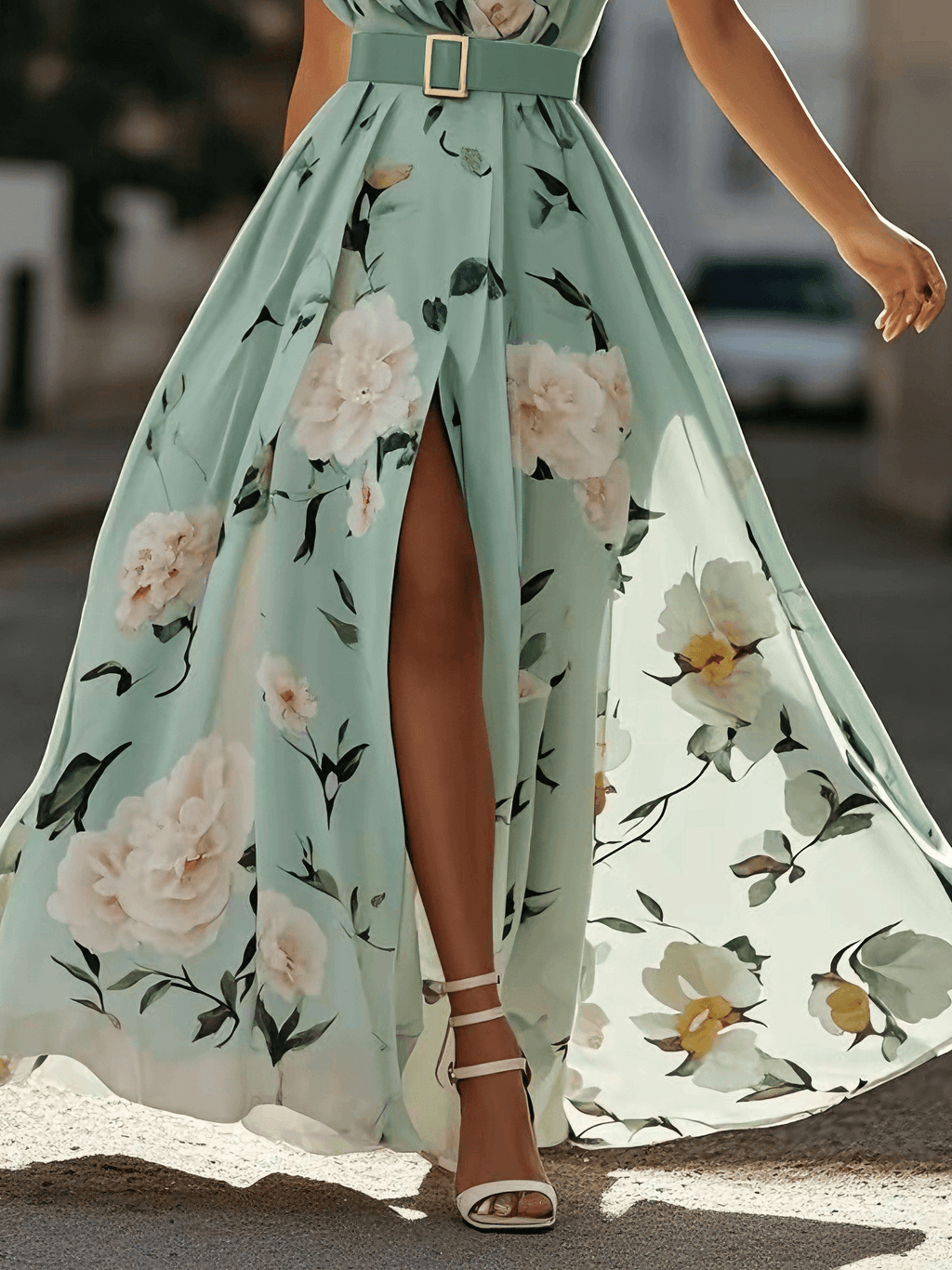 Light Green Floral Ruched One Shoulder A-Line Maxi Chiffon Dress