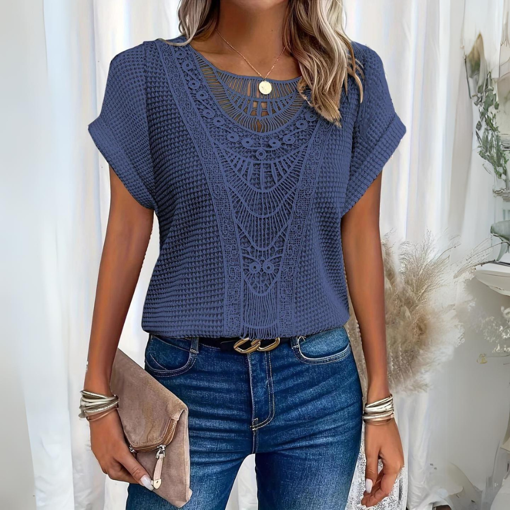 Elegant Lace Patchwork Hollow Short-sleeved Top