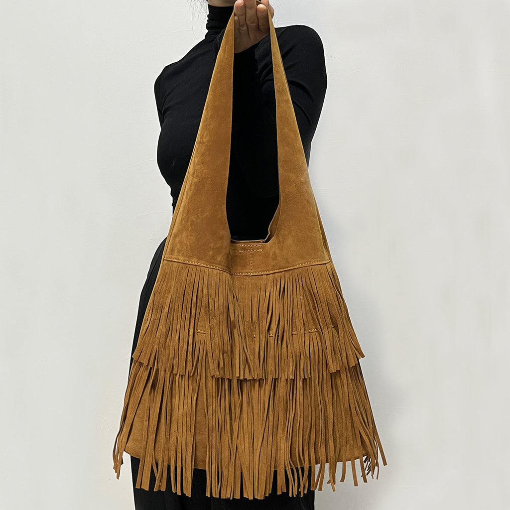 Retro versatile coffee suede tassel large bag
