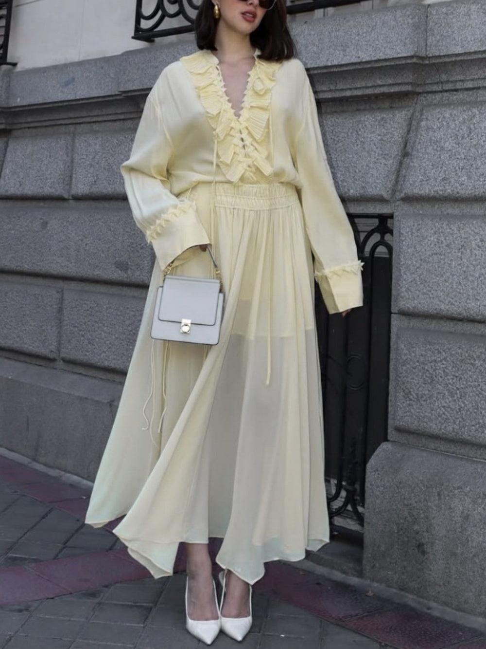 Two-Way Ruffled Long Sleeve Shirt and Skirt Set