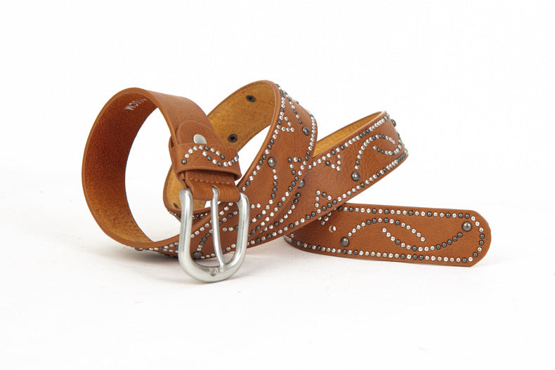 Distressed dark gold cracked PU leather rivet belt