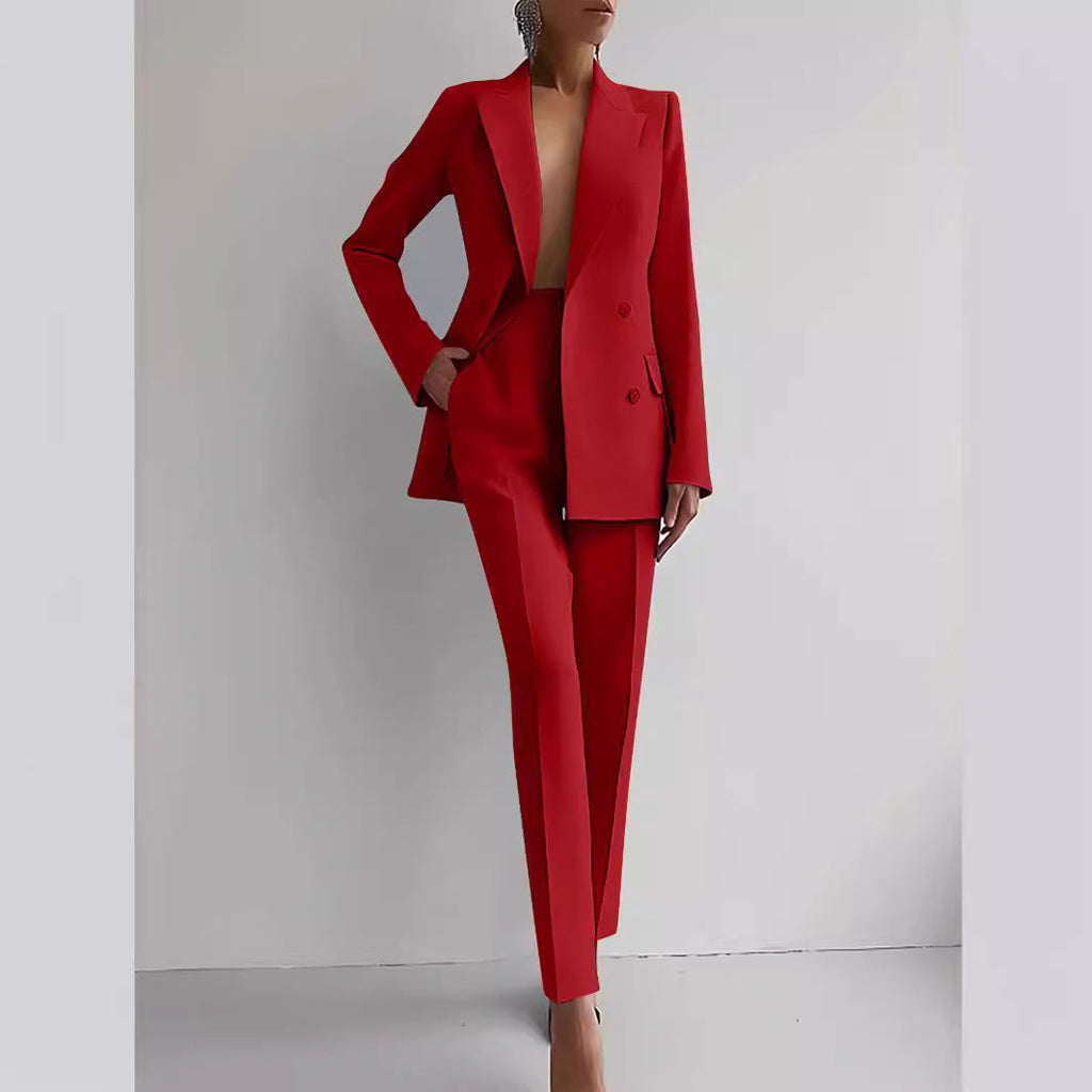 Casual Commuting Solid Color Blazer & High Waist Pants Set