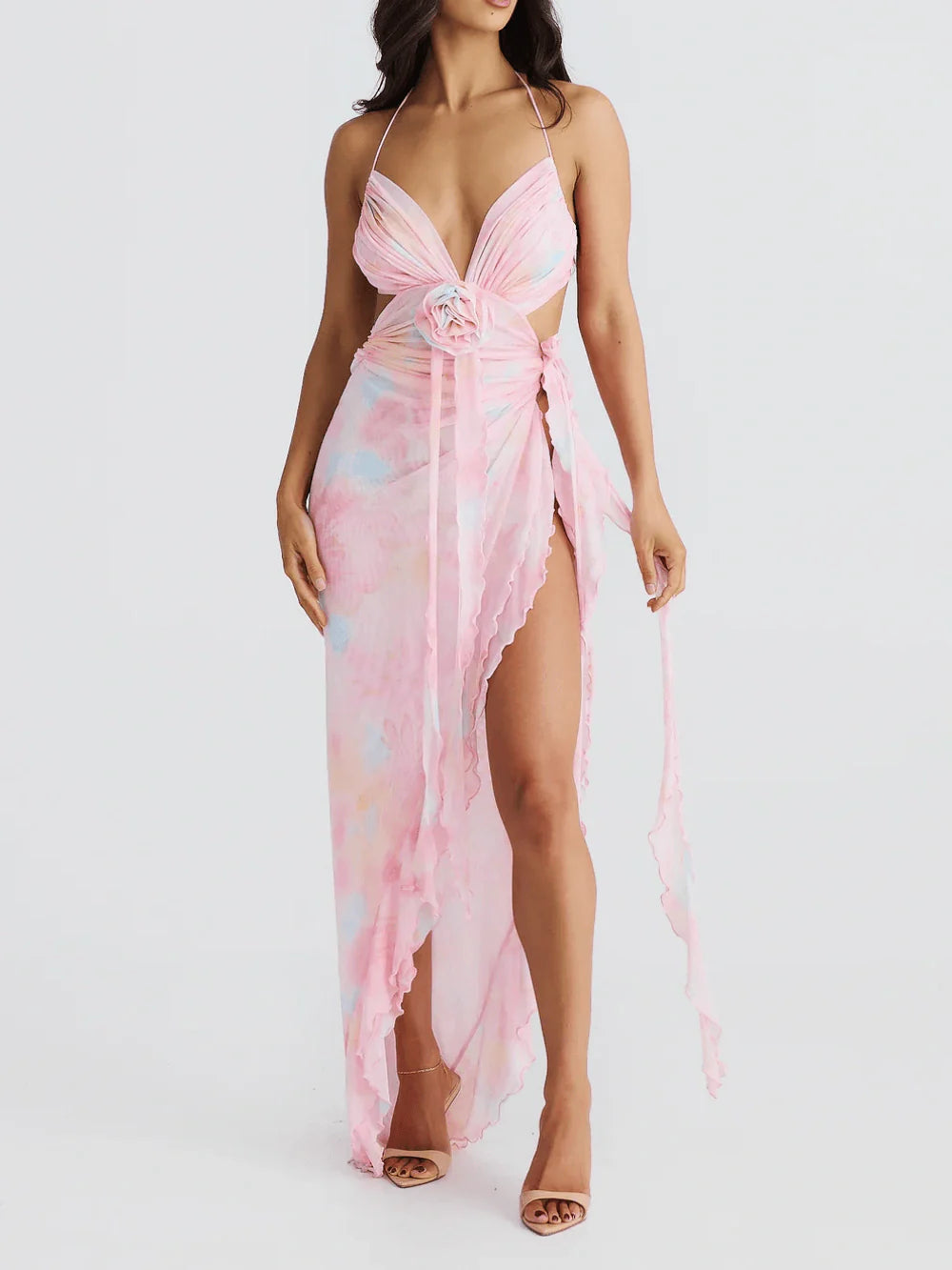 Backless hanging rope sleeveless personalized slit ribbon dress