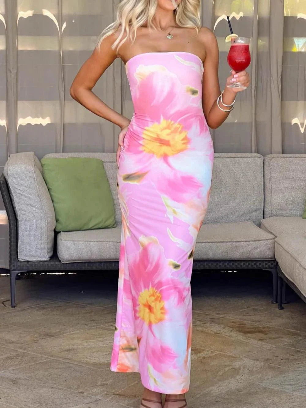 Strapless Color Block Printed Maxi Party Dress