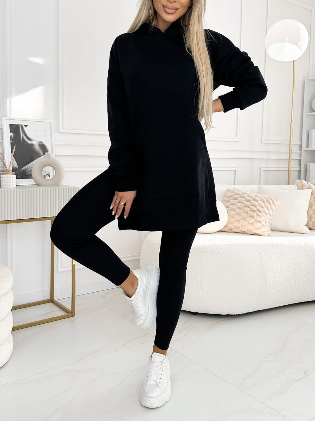 Fashion Solid Color Hoodie and Lined Leggings Two-piece Set
