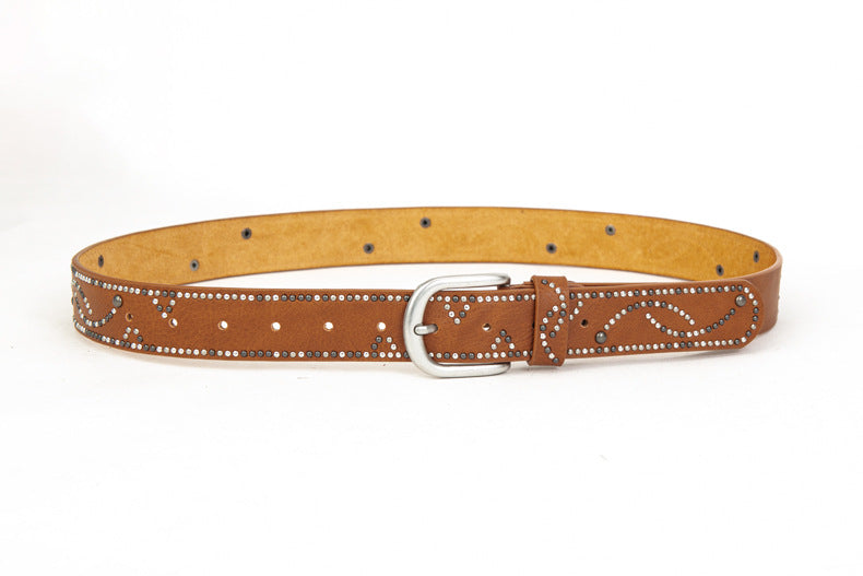 Distressed dark gold cracked PU leather rivet belt