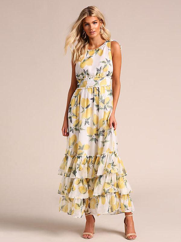 Lemon Print Lace Holiday Maxi Dress
