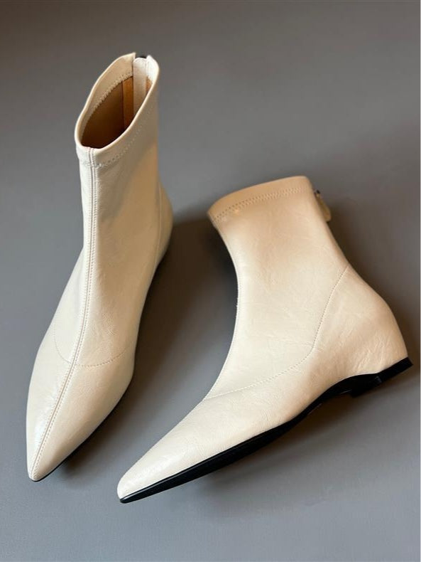 Pointed-toe soft leather stretch boots with back zipper wedge boots