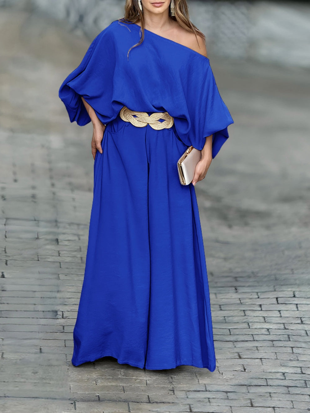 Off-shoulder lantern sleeve loose top and pants set