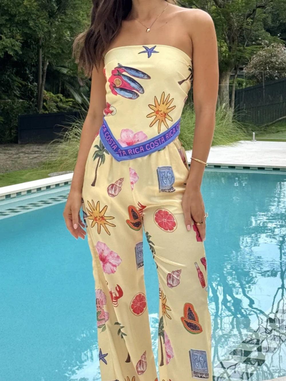 Costa Rica Satin Scarf Top and Pants Set