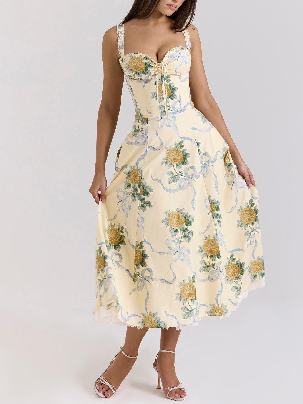 lemon vintage ribbon print cotton midi dress