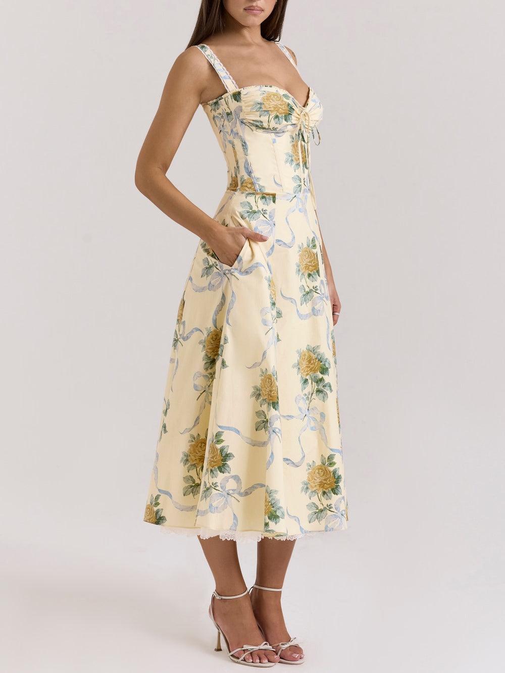 lemon vintage ribbon print cotton midi dress