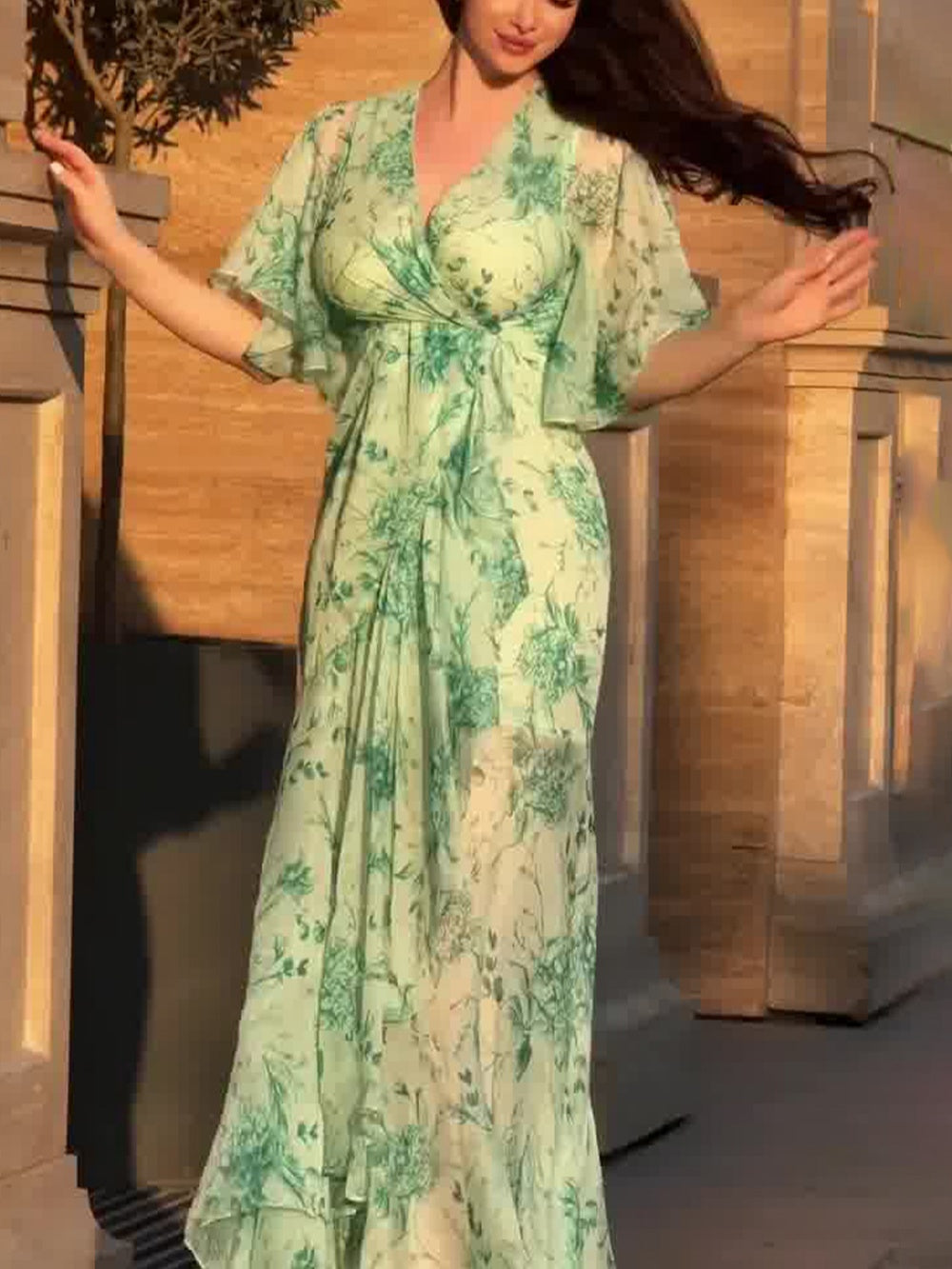 Retro V-neck trumpet sleeve printed dress -yoostudio