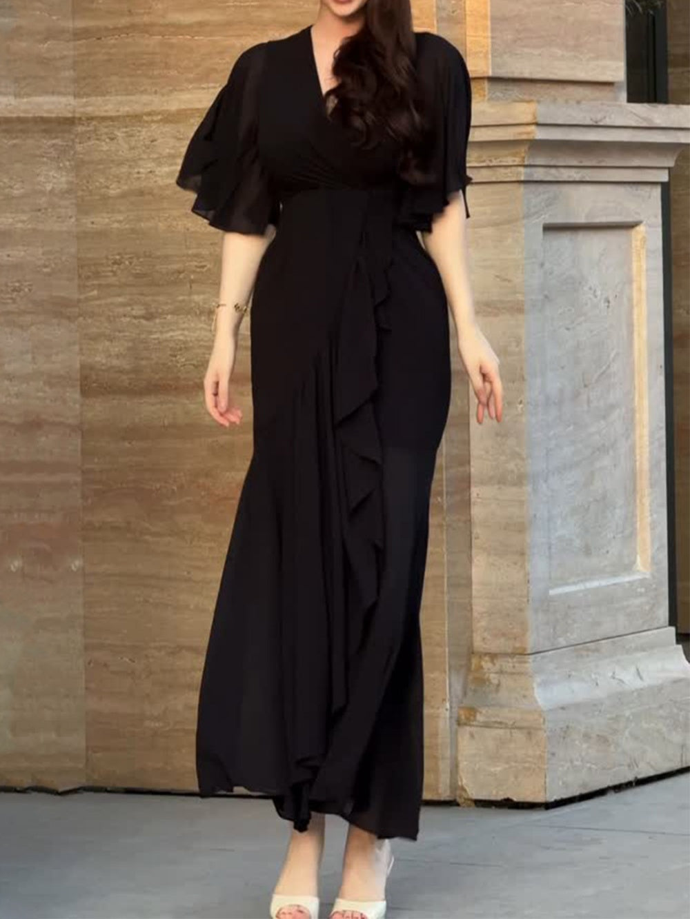 Retro V-neck trumpet sleeve printed dress -yoostudio