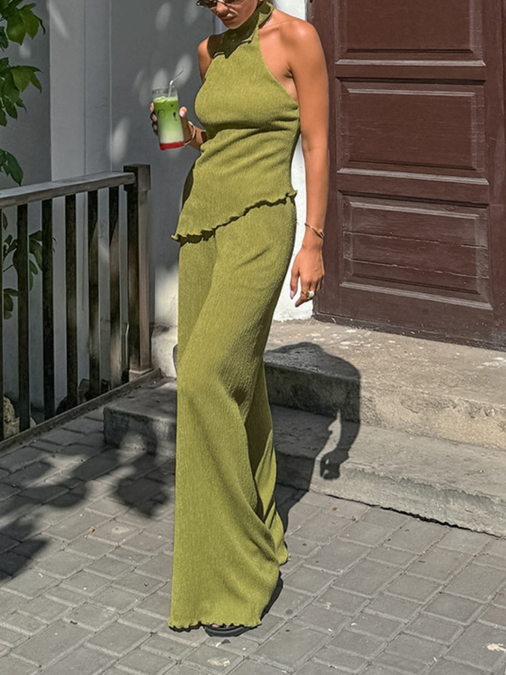 Halter neck pleated textured set