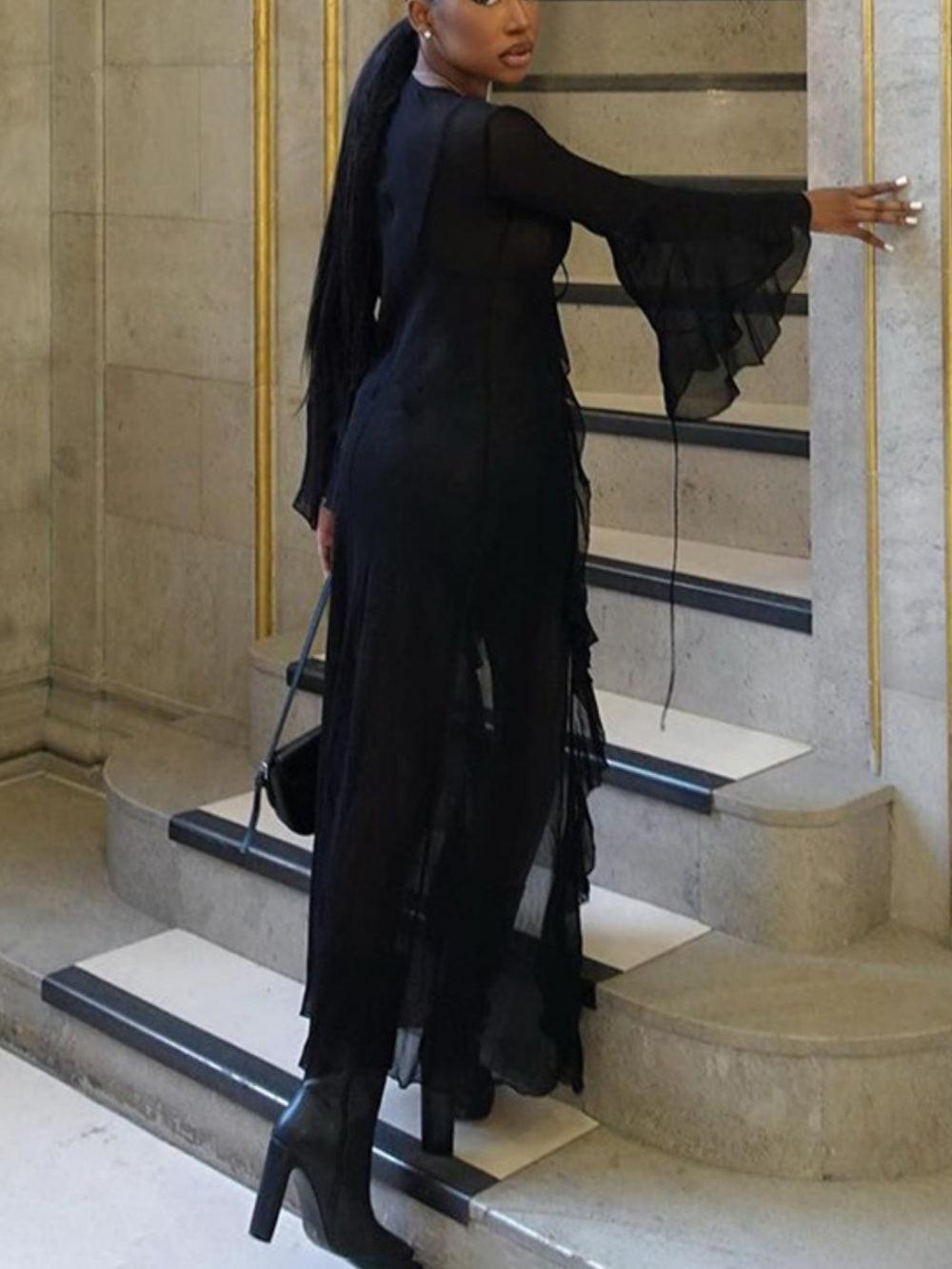 Tie-strap mesh see-through long-sleeved maxi dress