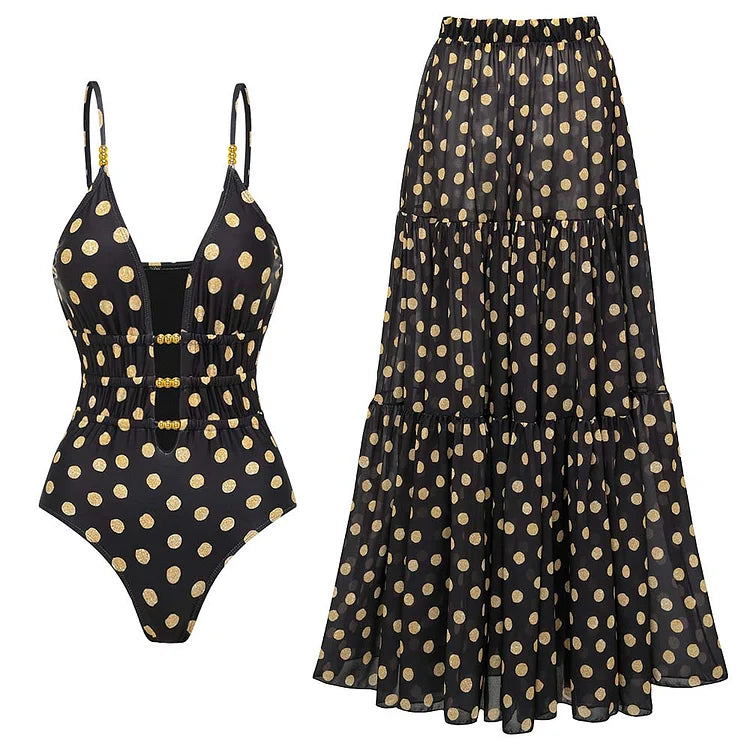 Black and Gold Polka Dots V-neck One Piece Swimsuit and Skirt
