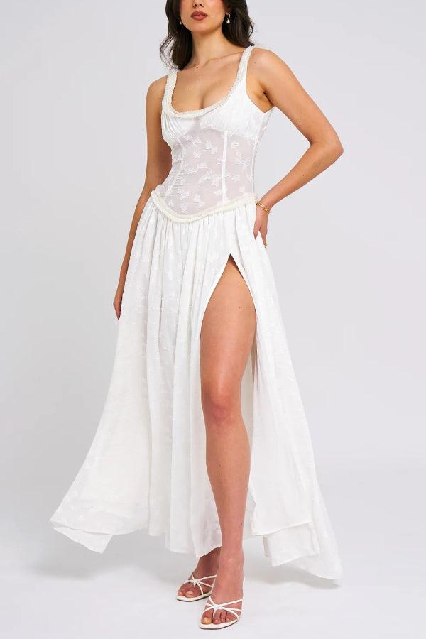 Light Green Square Neck Jacquard Textured High Slit Maxi Dress