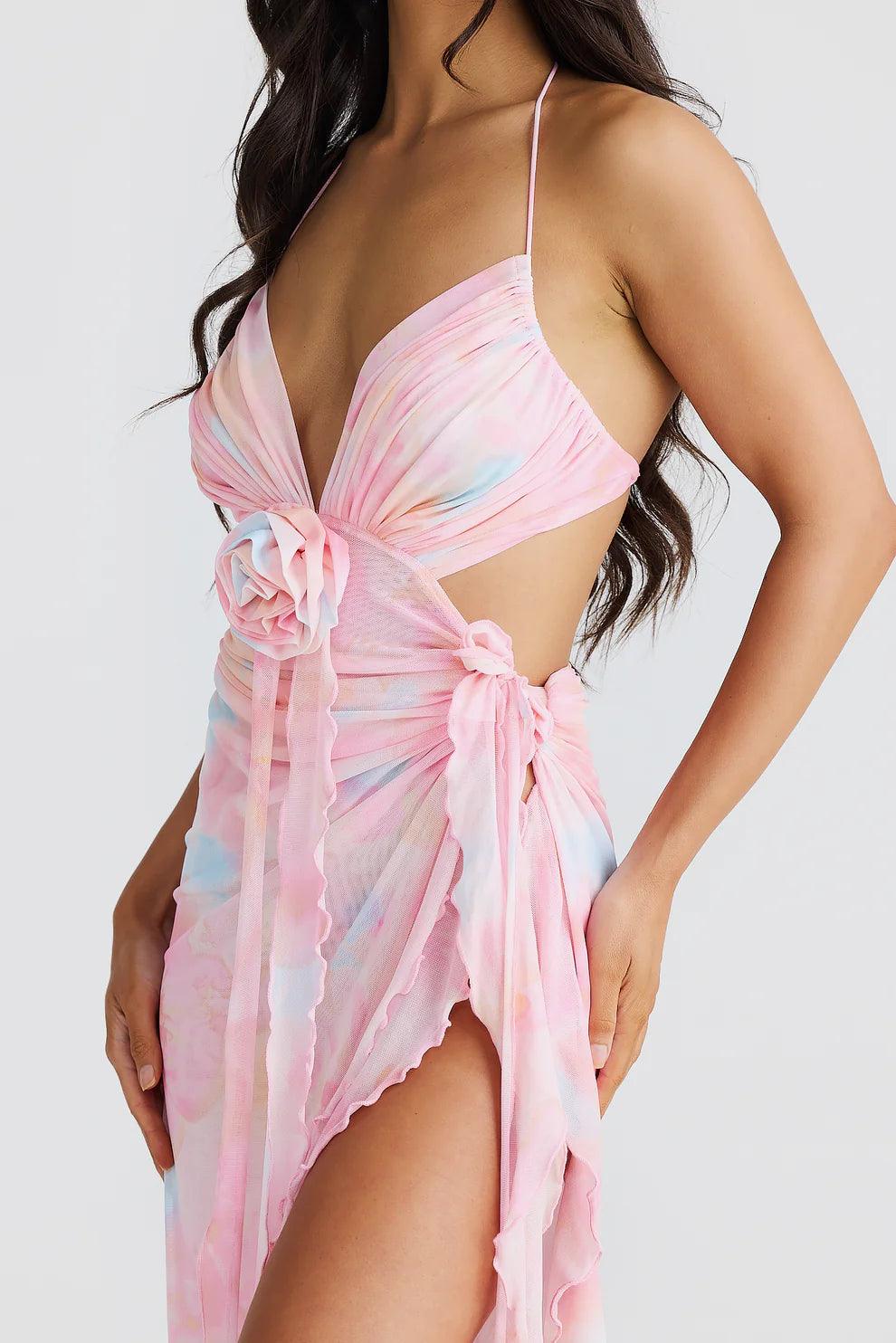 Backless hanging rope sleeveless personalized slit ribbon dress