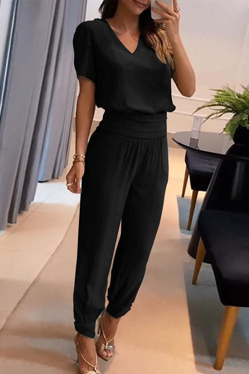 Casual V-Neck Printed Short Sleeve Long Pants Two-Piece Set