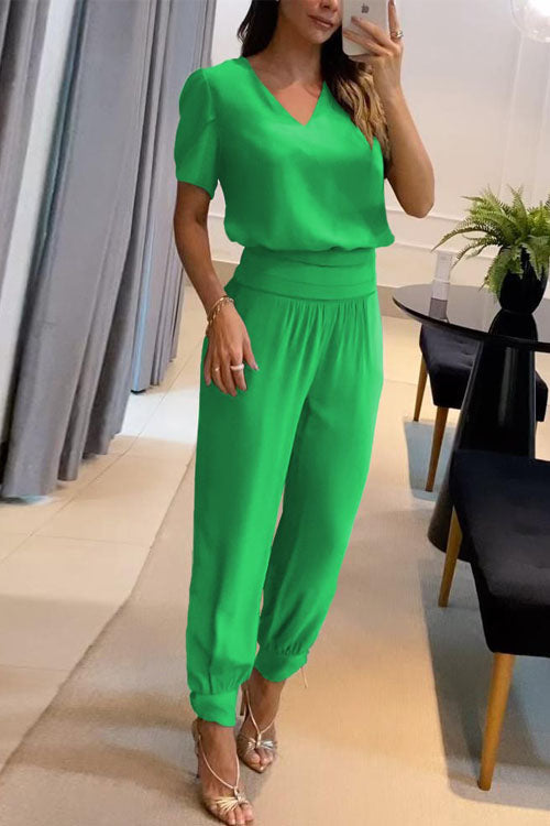 Casual V-Neck Printed Short Sleeve Long Pants Two-Piece Set