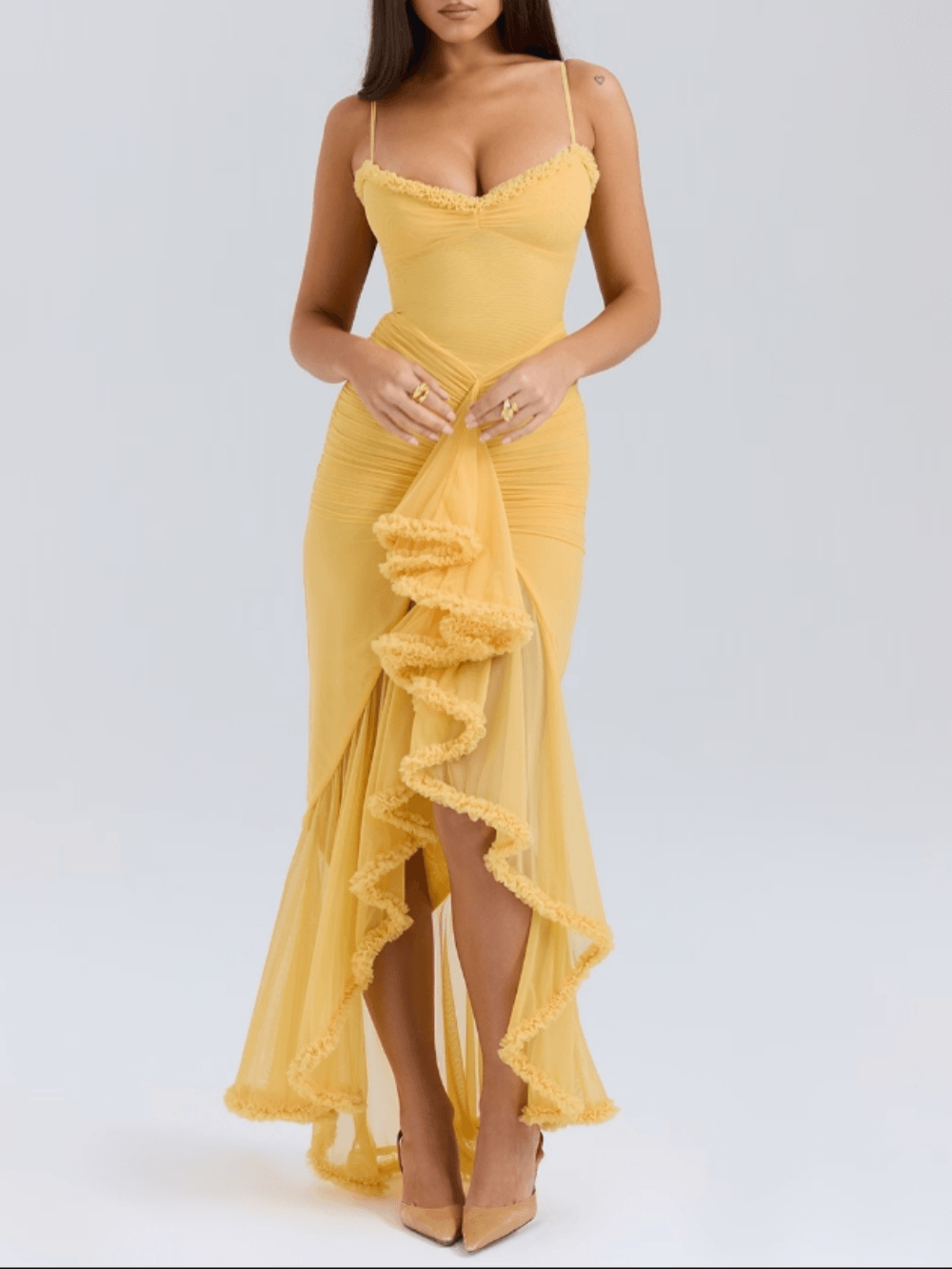 Apricot ruffled front gown